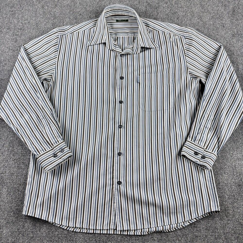 Rogatis Mens 100 Shirt Blue Brown Stripe Long Sleeve Pocket